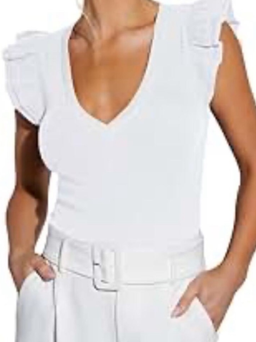 White V-Neck Flutter Sleeve Bodysuit Women